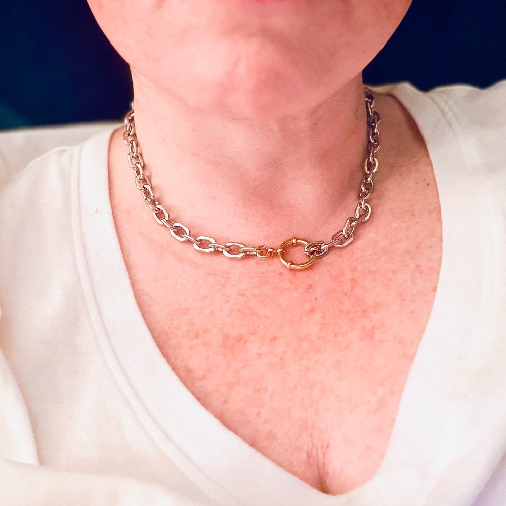 Two Tone Chunky Chain Link Necklace Gold Silver Mixed Metal Sailor Clasp Choker - Picture 7 of 10